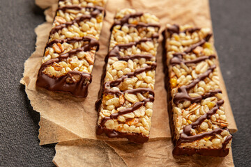 Cereal bar whole grain healthy eating sweet dessert fresh delicious gourmet food background on the...
