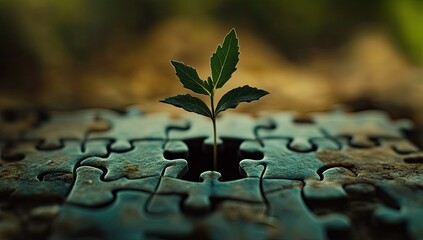 A tiny seedling sprouting from a gap in a scattered jigsaw puzzle
