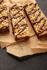 Cereal bar whole grain healthy eating sweet dessert fresh delicious gourmet food background on the table rustic food top view copy space keto and paleo diet vegan and vegetarian food
