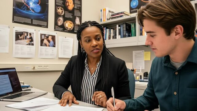 Female Professor Helping Male Student in Office