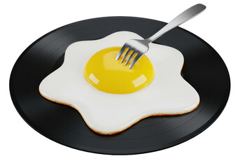 Isolated Fried Egg on Vinyl Record with Fork