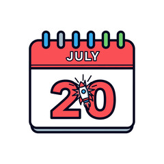 Naklejka premium A calendar page shows July 20th with a rocket ship launching from the number 