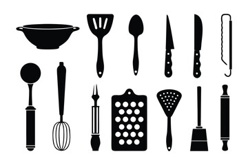 Culinary Essentials: A sleek, minimalist arrangement of kitchen tools, meticulously silhouetted against a pristine backdrop, invites culinary exploration and creation.