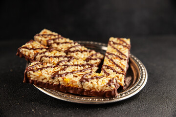 Cereal bar whole grain healthy eating sweet dessert fresh delicious gourmet food background on the table rustic food top view copy space keto and paleo diet vegan and vegetarian food