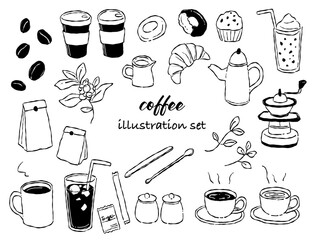 手描きテイストなコーヒーやカフェのイラストセット(モノクロ線画)