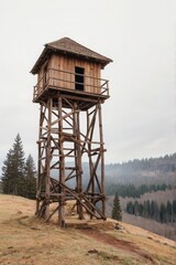 Rustic wooden observation tower perched on a grassy hillside overlooking a misty forest