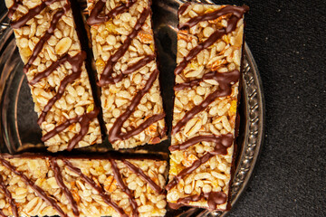 Cereal bar whole grain healthy eating sweet dessert fresh delicious gourmet food background on the table rustic food top view copy space keto and paleo diet vegan and vegetarian food