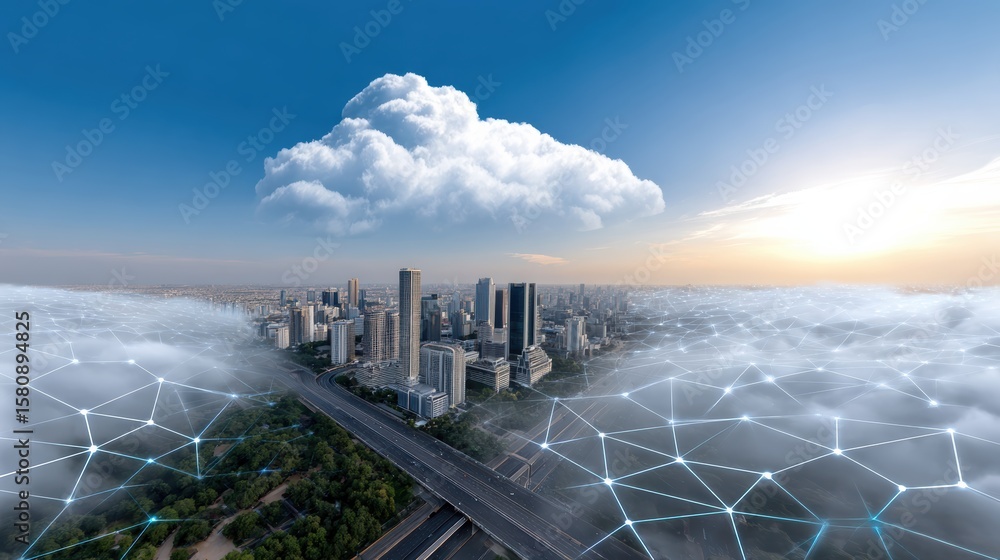 Poster a futuristic cityscape under a bright sky with a large cloud above, surrounded by a digital network 