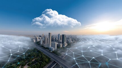A futuristic cityscape under a bright sky with a large cloud above, surrounded by a digital network grid symbolizing connectivity and smart technology integration.