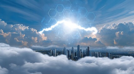 A futuristic cityscape rises above the clouds under a bright sky with hexagonal digital patterns, symbolizing advanced technology and innovation.