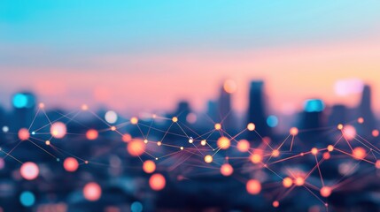 A network of glowing nodes and lines overlays a blurred cityscape at sunset, symbolizing connectivity and digital communication.