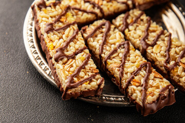 Cereal bar whole grain healthy eating sweet dessert fresh delicious gourmet food background on the table rustic food top view copy space keto and paleo diet vegan and vegetarian food