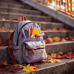 Cute backpack with school supplies spilling out, placed on stairs of school entrance, autumn leaves around, early morning light
