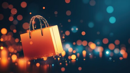 A glowing shopping bag with sparkling handles floats against a dark background with vibrant orange and blue bokeh lights.