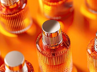 Close-up of amber glass perfume bottles with metallic caps on orange background.