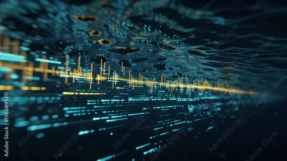 Poster futuristic digital information traveling underwater as binary code and sound waves, creating a mesme