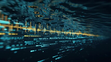Futuristic digital information traveling underwater as binary code and sound waves, creating a mesmerizing visualization of data transmission in aquatic environment - Powered by Adobe