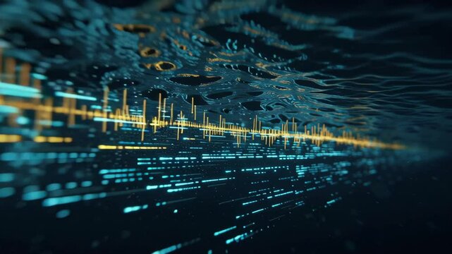 Futuristic digital information traveling underwater as binary code and sound waves, creating a mesmerizing visualization of data transmission in aquatic environment