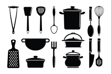 Kitchen Utensil Icons: A comprehensive collection of essential kitchen tools, meticulously designed as sleek black silhouettes against a stark white background. Each utensil is distinct.
