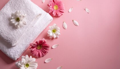white towels and flowers on pink background flat lay top view