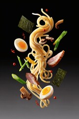 Deconstructed Ramen A Culinary Dance of Noodles, Egg, and Fresh Ingredients in Mid-Air