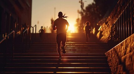 Runner running stairs at sunset silhouette exercise warm light healthy lifestyle motivation
