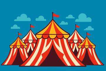 vector illustration of a circus scene featuring five red and white striped tents with yellow tops and red flags, arranged symmetrically with a large central tent and four smaller side tents