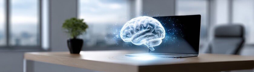 A digital holographic brain projection emerges from a laptop on a desk in a modern office with a blurred cityscape and plant in the background.