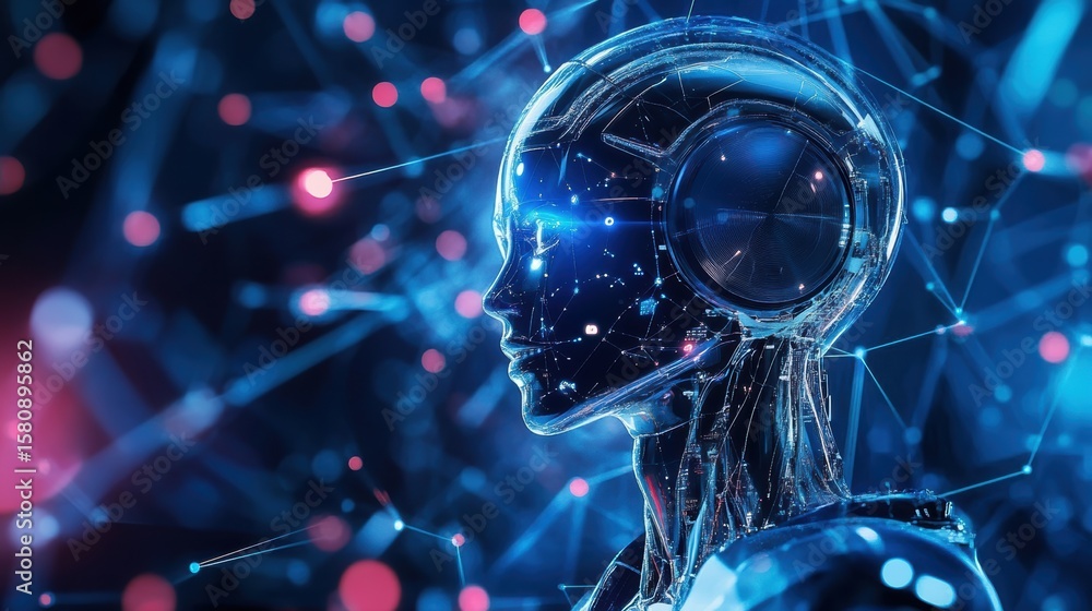 Poster a futuristic, glowing robotic humanoid head with intricate circuitry, surrounded by a network of int