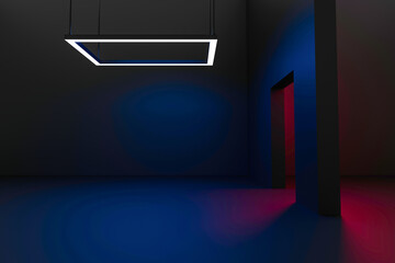 Futuristic building with Neon Red Lighting in Dark Sci-Fi Interior. 3D Illustration