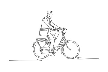 Naklejka premium Single one line drawing side view of businessman with briefcase is going to the office by bicycle. Male worker driving bike in office district. Continuous line draw design graphic vector illustration