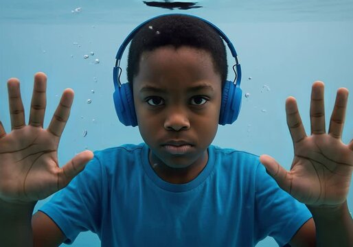Underwater Autistic Black Child Boy with Headphones Video Footage Scene Showing Sensory Isolation and Limited Perception
