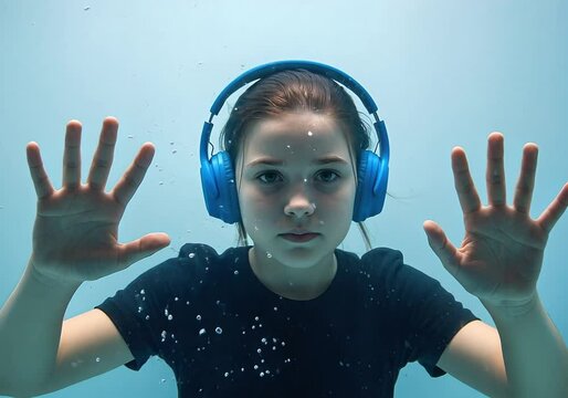 Underwater Autistic Child Girl with Headphones Video Footage Scene Showing Sensory Isolation and Emotional Distance