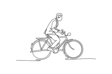 Obraz premium Continuous one line drawing side view stylish businessman going to work by bike. Male worker go to work office with his bicycle. Healthy lifestyle. Single line draw design vector graphic illustration