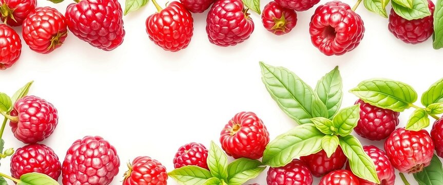 aquarell zeichnung, Saftige rote Himbeeren und frische Basilikumbl&auml;tter auf wei&szlig;em Hintergrund, arrangiert als Rahmen mit freier Fl&auml;che in der Mitte, ideal f&uuml;r Food-Design oder Textplatzierung.