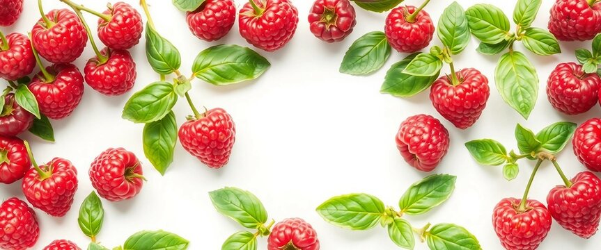 aquarell zeichnung, Saftige rote Himbeeren und frische Basilikumbl&auml;tter auf wei&szlig;em Hintergrund, arrangiert als Rahmen mit freier Fl&auml;che in der Mitte, ideal f&uuml;r Food-Design oder Textplatzierung.