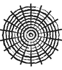 Obraz premium Abstract black ink radial pattern resembling a spider web or target on white background