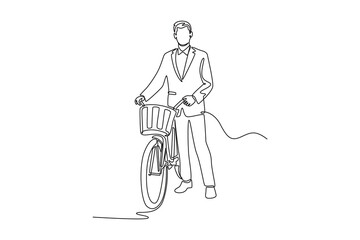 Continuous one line drawing stylish male employee in formal suit posing next to his bicycle. Eco friendly transport and healthy commuting lifestyle. Single line draw design vector graphic illustration
