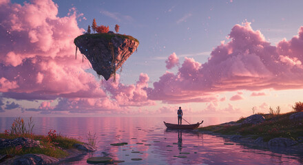 Floating Island Paradise. Floating island adventure magical sky travel with pink cloud reflection in water landscape beauty view.