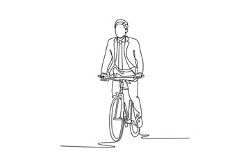 Continuous one line drawing joyful businessman standing on his bike, getting ready to start moving. Attractive male employee looking into distance. Single line draw design vector graphic illustration