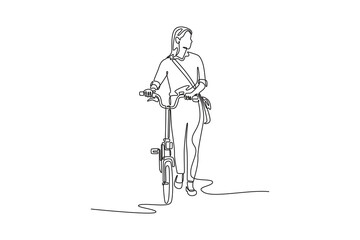Obraz premium Continuous one line drawing beautiful female worker with briefcase posing next to her bicycle. Eco friendly transport and healthy active lifestyle. Single line draw design vector graphic illustration