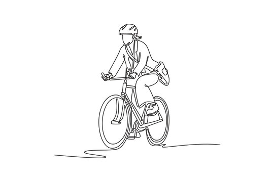 Continuous one line drawing beautiful business woman with briefcase commute her bicycle outdoor at urban, bike go to work office. Active lifestyle. Single line draw design vector graphic illustration