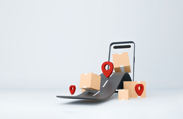 Online Delivery Concept with Cardboard Boxes and Map Navigation on Smartphone. 3D illustration