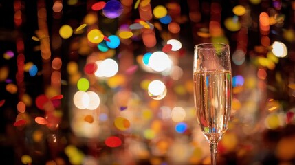 Colorful confetti falling beside champagne glass in a glowing party scene