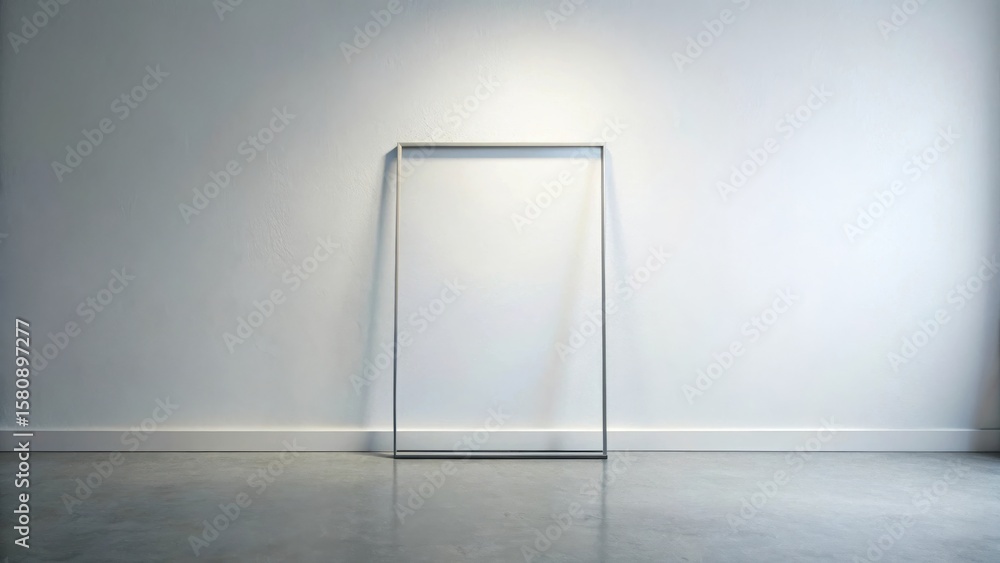 Poster empty rectangular frame against a blank wall in a minimalist room setting