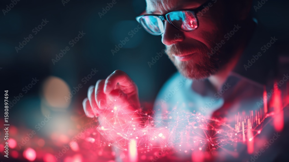 Poster a focused man wearing glasses interacts with a glowing digital network, symbolizing advanced technol