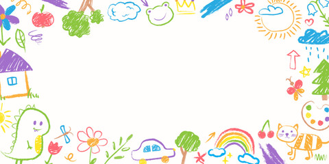 Colorful doodle frame, border with hand drawn crayon children drawings. Chalk texture, cute childish illustrations on white paper background. Creative template for banner, kids certificate of diploma.
