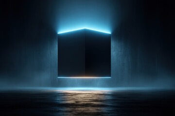 Geometric cube suspended in a blue glow, reflected in dark, reflective surface
