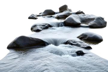 A flowing water river with rocks on transparent background 