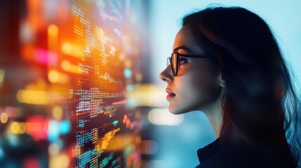 A focused woman wearing glasses studies digital data displayed on a transparent screen, surrounded by vibrant city lights in a futuristic setting.